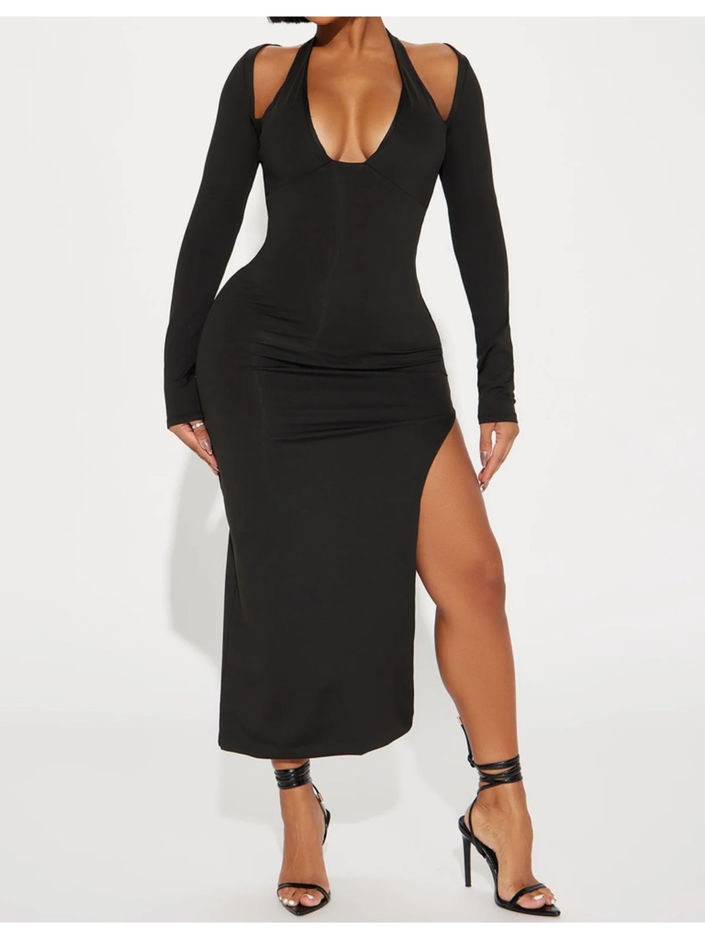 Black Cutout Halter Long Sleeve Midi Dress